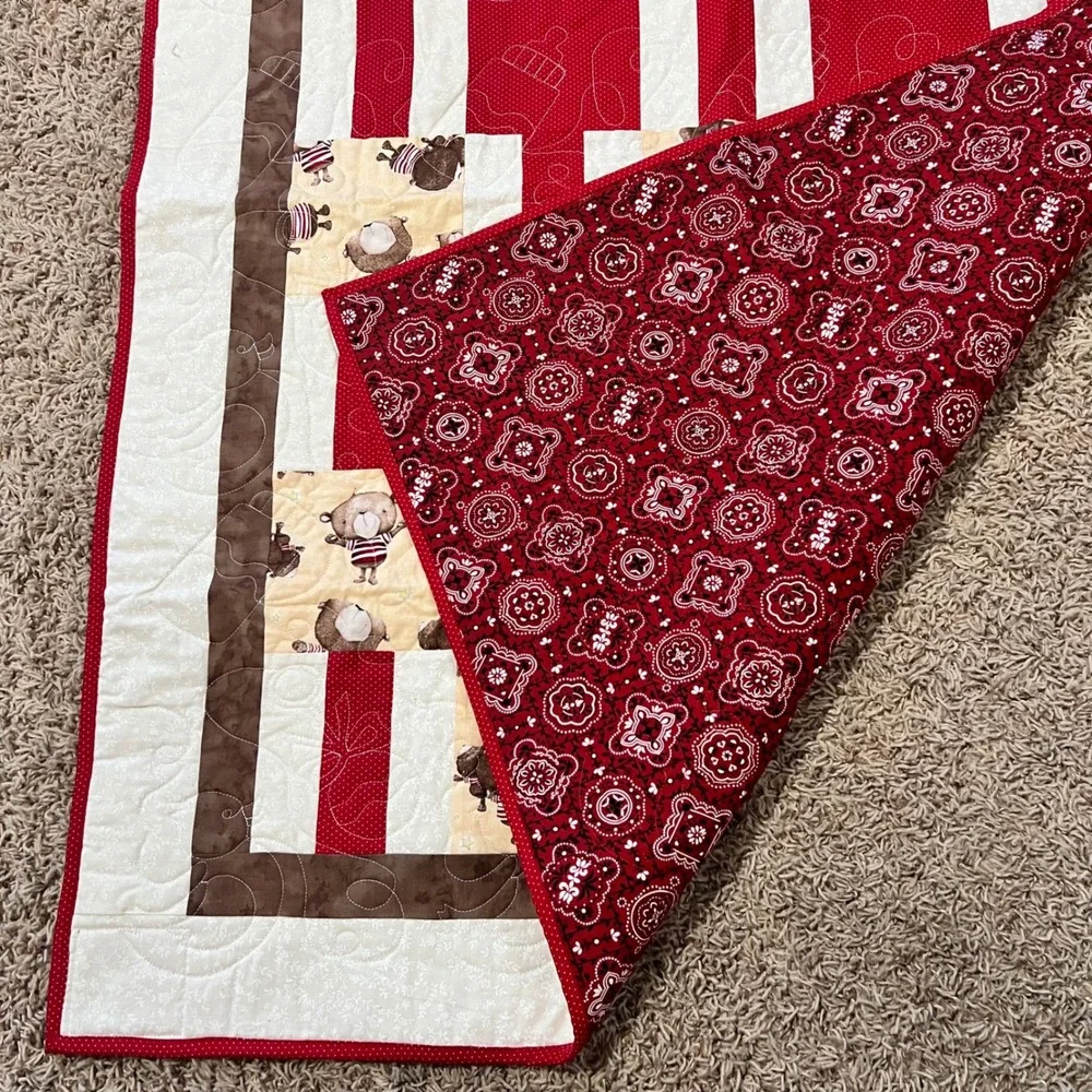 Handmade Quilt Baby Toddler Cute Bears Red‎ White Brown Patchwork Bandana